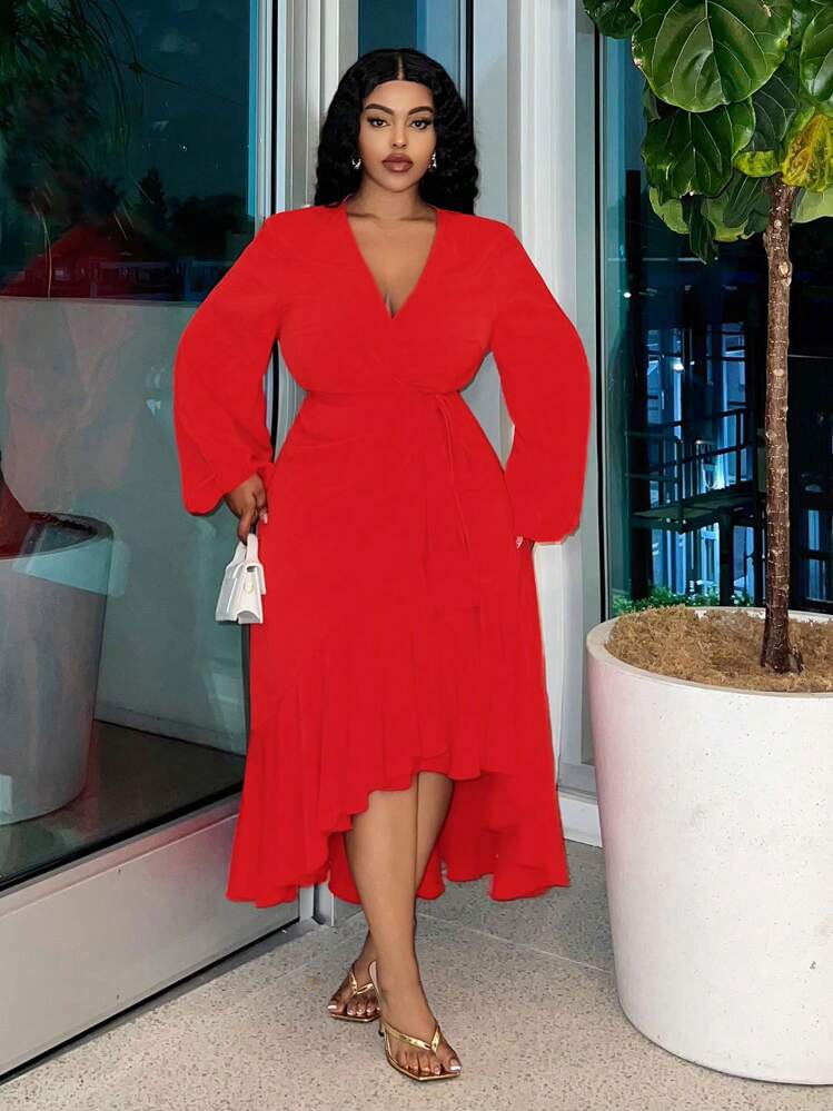 Slaydiva Grote maten rode wikkeljurk met lange mouwen voor dames, elegante slanke pasvorm voor afstudeerfeest - Rood - Bekijken 4