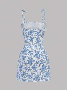 Girlism 2pcs/Set Tween Girl's Fitted Casual Ditsy Floral Camisole And Mini Skirt Co-Ord Set - Blue - View 2