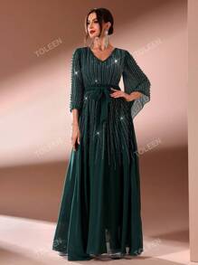 Vestido largo de mujer con escote en V, sin mangas, con brillos, vestido de fiesta, vestido de invitada de boda, vestido formal, vestido de noche