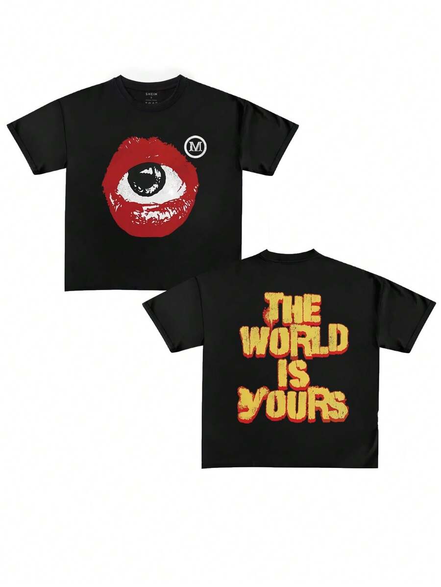 INAWLY 女士圆领字母和眼睛印花短袖休闲时尚趣味街头潮流 T 恤图案 T 恤女式上衣 - 黑色 - 查看 1