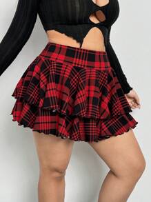 SHEIN ICON 大码夏季时尚格子荷叶边下摆多层半身裙