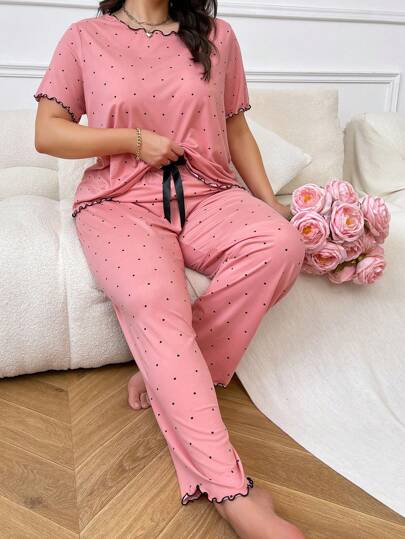Conjunto de pijama de top y pantalones con estampado de lunares, decoración de moño y dobladillo de lechuga para mujer talla grande