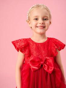 SHEIN Girls' Elegant Versailles Red Rose Tutu Dress For Birthday Party, Holiday, Flower Girl - Burgundy - View 5
