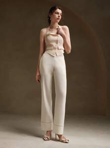 Anewsta Women Wide Leg Patchwork Casual Pants - White - View 5