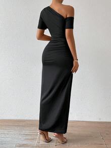Chiquease Solid Color Asymmetric Neckline Ruched Fitted Elegant Short Sleeve Dress - Black - View 2