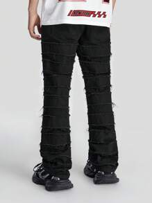 Manfinity Roghcode Men's Black Denim Frayed Trim Skinny Jeans Slim Fit Plain Black Jeans, For Husband, Boyfriend Gifts