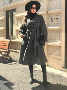 SHEIN Unity Áo khoác len có cổ màu trơn có cổ Plus Size cho nữ, áo khoác len dài thanh lịch một hàng khuy, mùa thu đông - Màu xám đen - Xem 1
