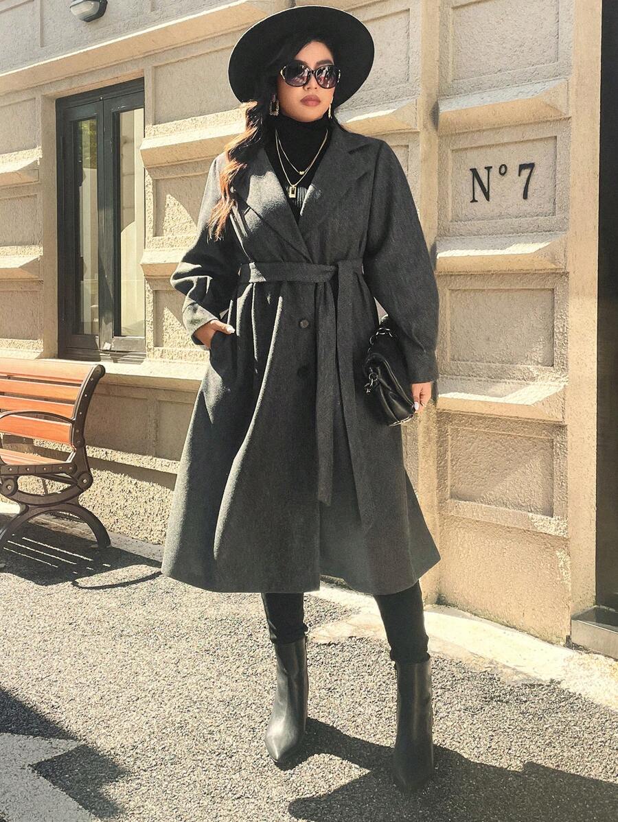 SHEIN Unity Áo khoác len có cổ màu trơn có cổ Plus Size cho nữ, áo khoác len dài thanh lịch một hàng khuy, mùa thu đông - Màu xám đen - Xem 1