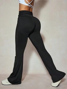 Easithlete 2 en 1 Pantalones de yoga de pierna acampanada con cintura alta fruncida, ajuste delgado para mujeres