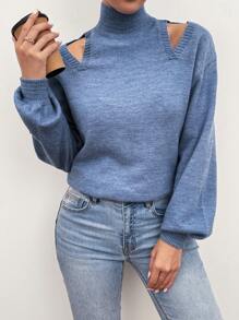 Chiquease Women's Solid Color Simple Everyday Hollow Out High Neck Long Sleeve Sweater Knit Pullover Fall Winter Outfit - Blue - View 1