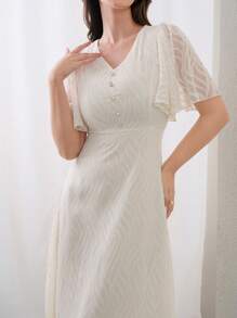 Modelyn 女士 V 领荷叶边袖时尚派对聚会配套连衣裙，优雅晚会礼服长款晚礼服 - 杏色 - 查看 3