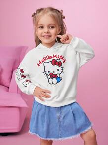 HELLO KITTY AND FRIENDS | SHEIN 年轻女孩卡通印花连帽落肩宽松运动衫 - 白色 - 查看 5