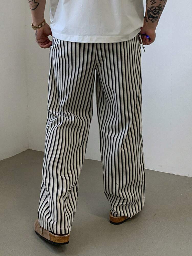 Men's Drawstring Waist Pockets Straight Loose Fit Stripe Pants Back To School, Fall
