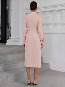 SHEIN Privé Vintage French Style Lapel Patchwork Pleated Hem Midi Dress, Spring & Fall - Pink - View 3