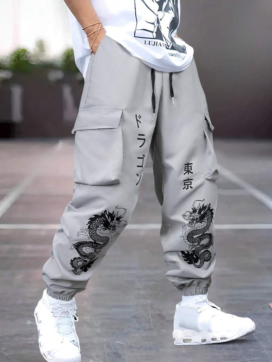 Manfinity Roughcore Men's Loose Chinese Dragon Printed Drawstring Waist Cargo Pants, Fall - Grey - View 1
