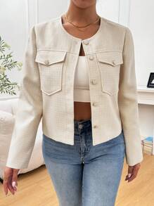 Chiquease Chaqueta con botones delanteros y bolsillos de unicolor, de manga larga, para uso casual diario - Albaricoque - Ver 3