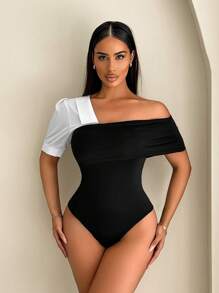 Zolique Women's Clothing Sumeer Casual Matching Color Patchwork Bodysuit With Asymmetric Collar - Black and White - View 3