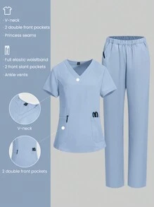 TaskEZ 2-delig verpleegsteruniform met V-hals, korte mouw en broek, damesscrubsset, effen kleur