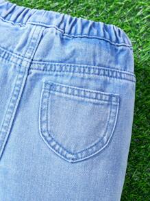 Baby Girls' Fashionable And Sweet Cherry Embroidery Denim Pants With Flounce Hem And Pockets - Medium Wash - View 4