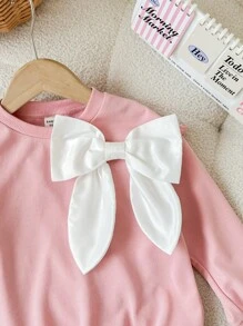 SHEIN Loose Round Neck Ruffle Trim Bowknot Pullover Sweatshirt For Young Girls - Pink - View 3
