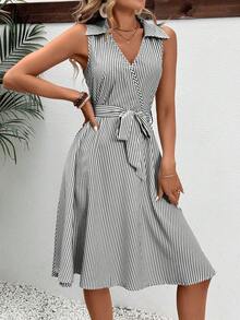 SHEIN LUNE Women Striped Tie-Up Midi Dress - Multicolor - View 6