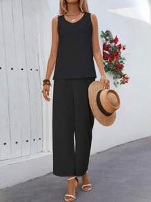 Breezaya 2pcs Vacation Casual Solid Color Vest And Wide Leg Pants Set