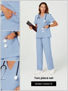 TaskEZ 2-delig verpleegsteruniform met V-hals, korte mouw en broek, damesscrubsset, effen kleur