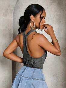 Slaydiva Veste en jean sans manches femme à décolleté plongeant et col bénitier sexy, pour l'été - Gris pâle - Voir 2