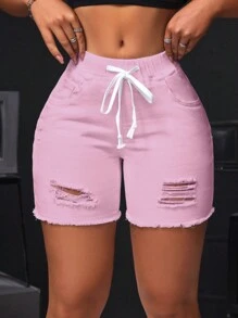 SHEIN Tall Women's Ripped Frayed Edge Pocket Drawstring Waist Denim Shorts - Pink - View 2