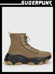 Sugerpunk Sock Design Knit Lace-up Sneakers - Brown - View 1