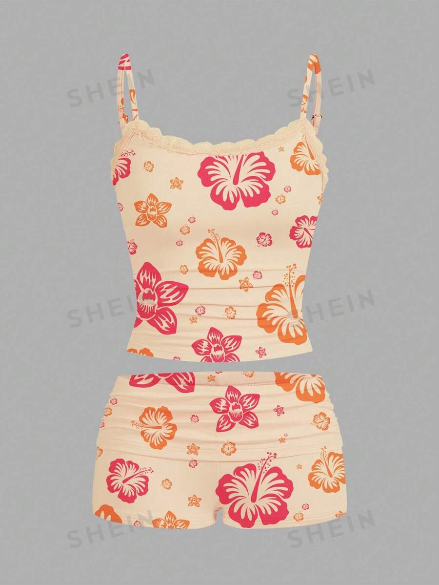 SHEIN EZwear Conjunto de 2 piezas de top de tirantes y pantalones cortos con estampado floral de moda para mujer, verano