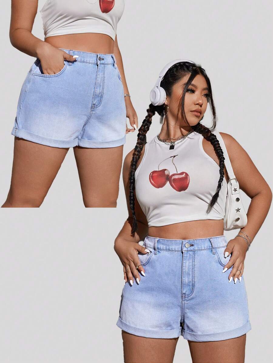 SHEIN EZwear Plus Size Women's Casual Loose Fit Rolled Hem Denim Shorts, Blue - Blue - View 1