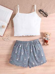 SHEIN 女童可爱考拉印花吊带背心和短裤针织睡衣套装母女套装（2 套单独出售） - 彩色 - 查看 4