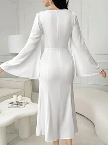 Modelyn Sukienka damska na lato z kwadratowym dekoltem w jednolitym kolorze, rozkloszowanymi rękawami, plisowana, pasująca na imprezę, sukienka wieczorowa, biała sukienka