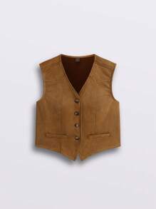 SHEIN Unity Women's Solid Color Minimalist Suede Fleece Vest, Autumn & Winter - Brown - View 1