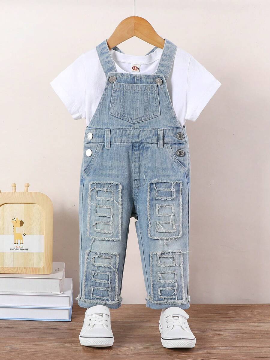 Baby Boys Streetwear Cool Ripped Washed Light Blue Denim Overalls With Multiple Pockets - Light Wash - View 1