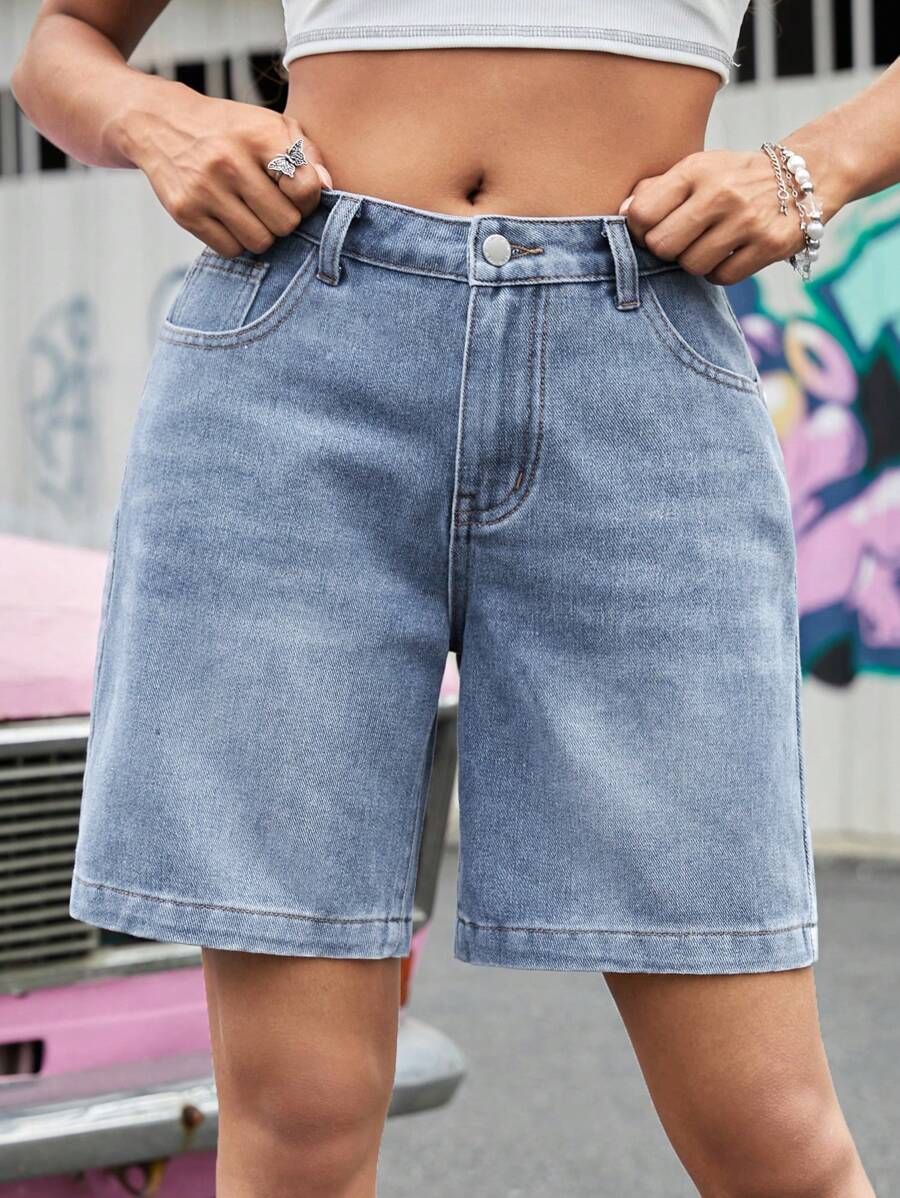 SHEIN Teenage Girls' Minimalist Summer Denim Shorts - Light Wash - View 1