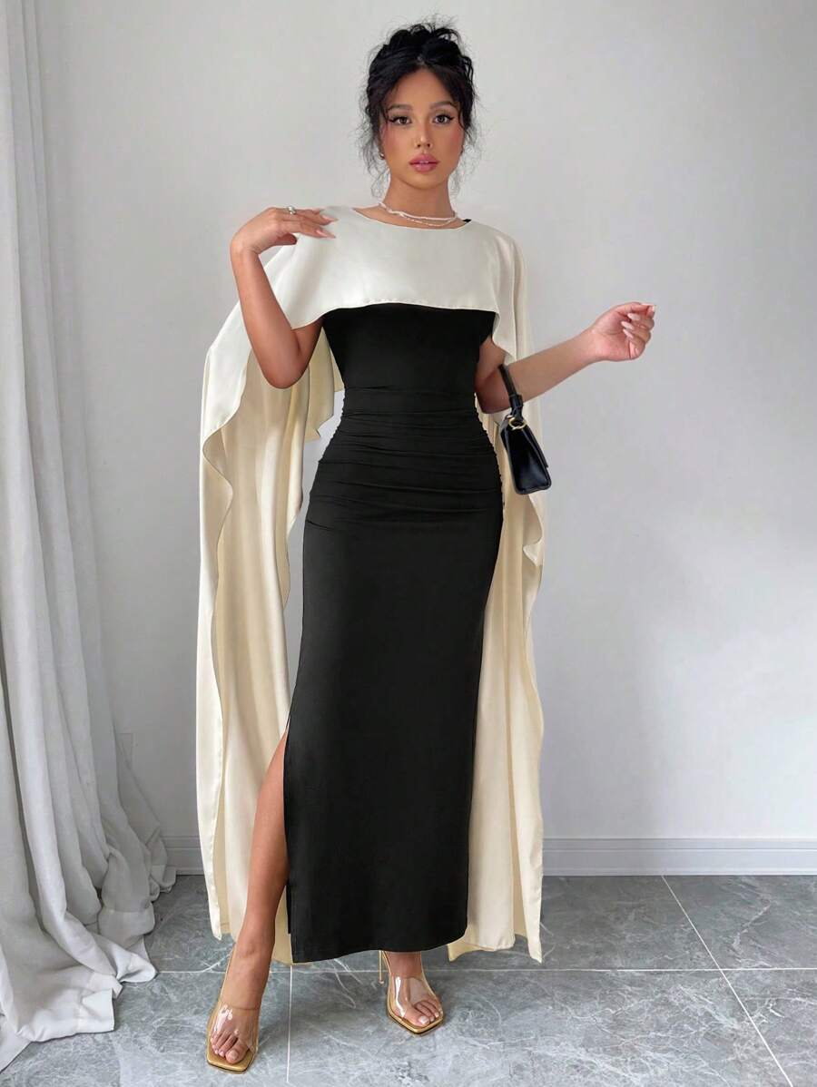 Chiquease Color Block Cape Shawl 2 In 1 Splicing Dress - Black - View 1