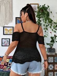 Flirla Áo len đan vai có hoa cỡ lớn dành cho nữ cho kỳ nghỉ - màu đen - Xem 2