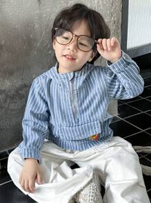 SHEIN YOUNG BOY 休闲街头风格条纹扁平口袋和拉链细节牛仔连帽衫 - 淺色水洗藍 - 查看 1