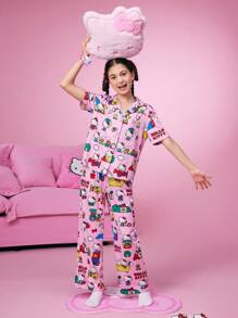 HELLO KITTY AND FRIENDS | SHEIN 少女卡通印花翻领短袖衬衫和长裤舒适睡衣套装 - 粉色 - 查看 3