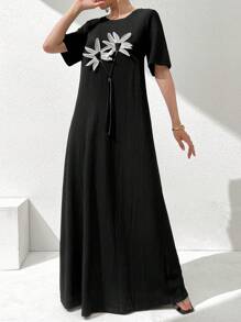 Mulvari Đầm suông cổ tròn tay ngắn họa tiết hoa 3D cho nữ - màu đen - Xem 4