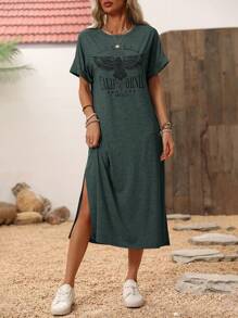 SHEIN LUNE Women's Letter Printed Round Neck Split Hem Short Sleeve Summer Dress - Dark Green - View 4