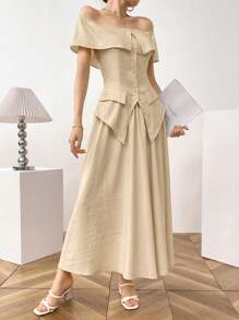 Modelyn 2 件套女士夏季纯色露肩不对称下摆衬衫和长裙优雅套装 2 件套 - 卡其色 - 查看 8