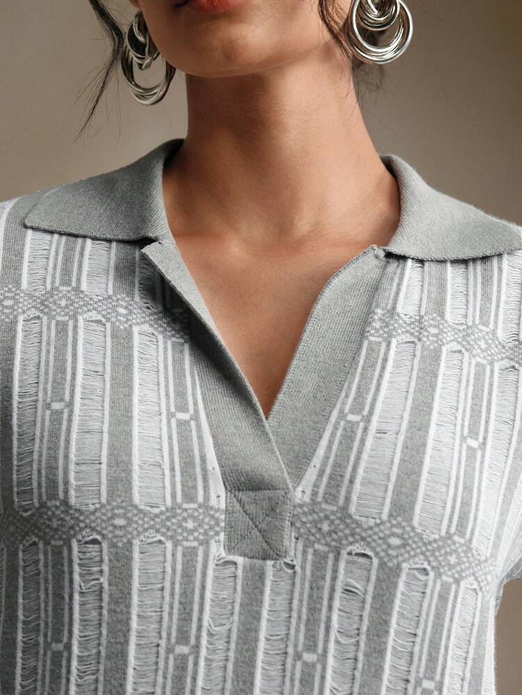 Women's Casual Gray & White Contrast Color Hollow Knit Sweater