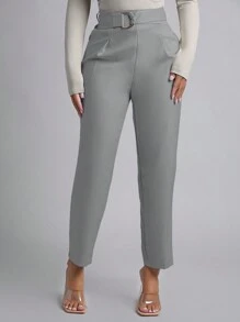 SHEIN PETITE Pantalones entallados con cinturón de color sólido para primavera - Gris - Ver 4
