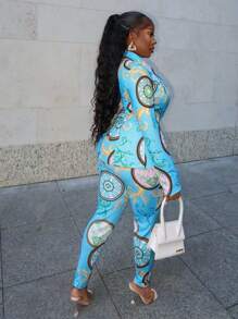 Slaydiva Traje de chaqueta y pantalón de mujer de estilo elegante y casual de temporada otoñal, con chaqueta de solapa de manga larga y pantalón corte slim con estampado barroco azul en toda la Bottom.