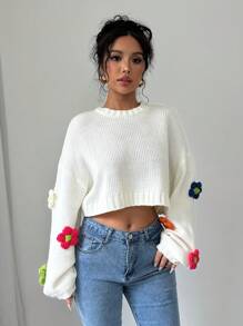 Chiquease Women's Floral Decor Oversized Round Neck Drop Shoulder Loose Casual Sweater, Autumn Winter