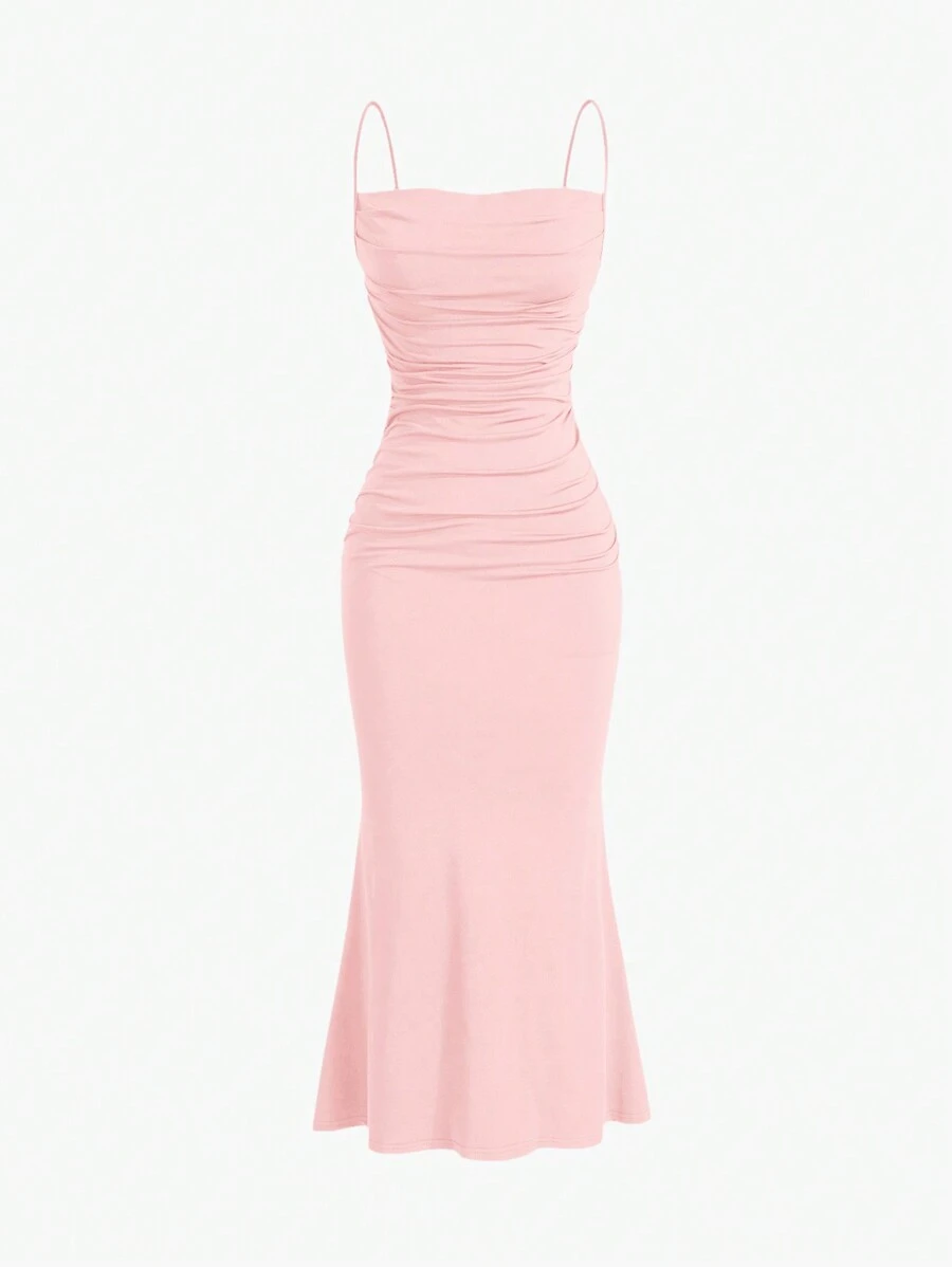 Sweetra Ladies' Summer Solid Color Pleated Mermaid Hem Elegant Spaghetti Strap Dress Maxi Women Outfit
