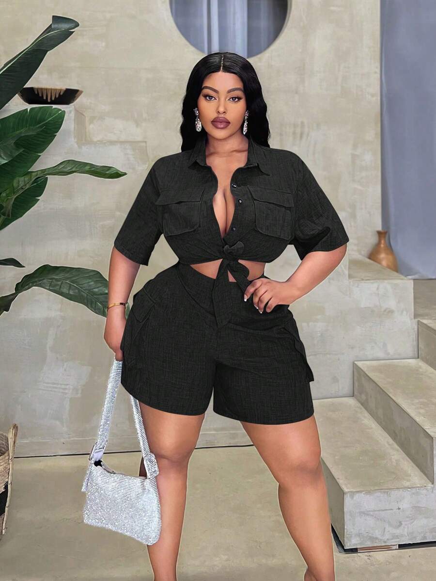 Maweii Plus Size Casual Solid Color Short Sleeve Shirt And Shorts 2-Piece Set, Summer - Black - View 1